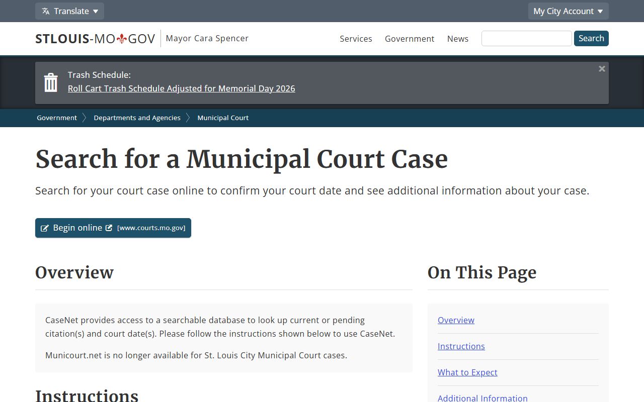St. Louis City municipal court records search instructions on Case.net