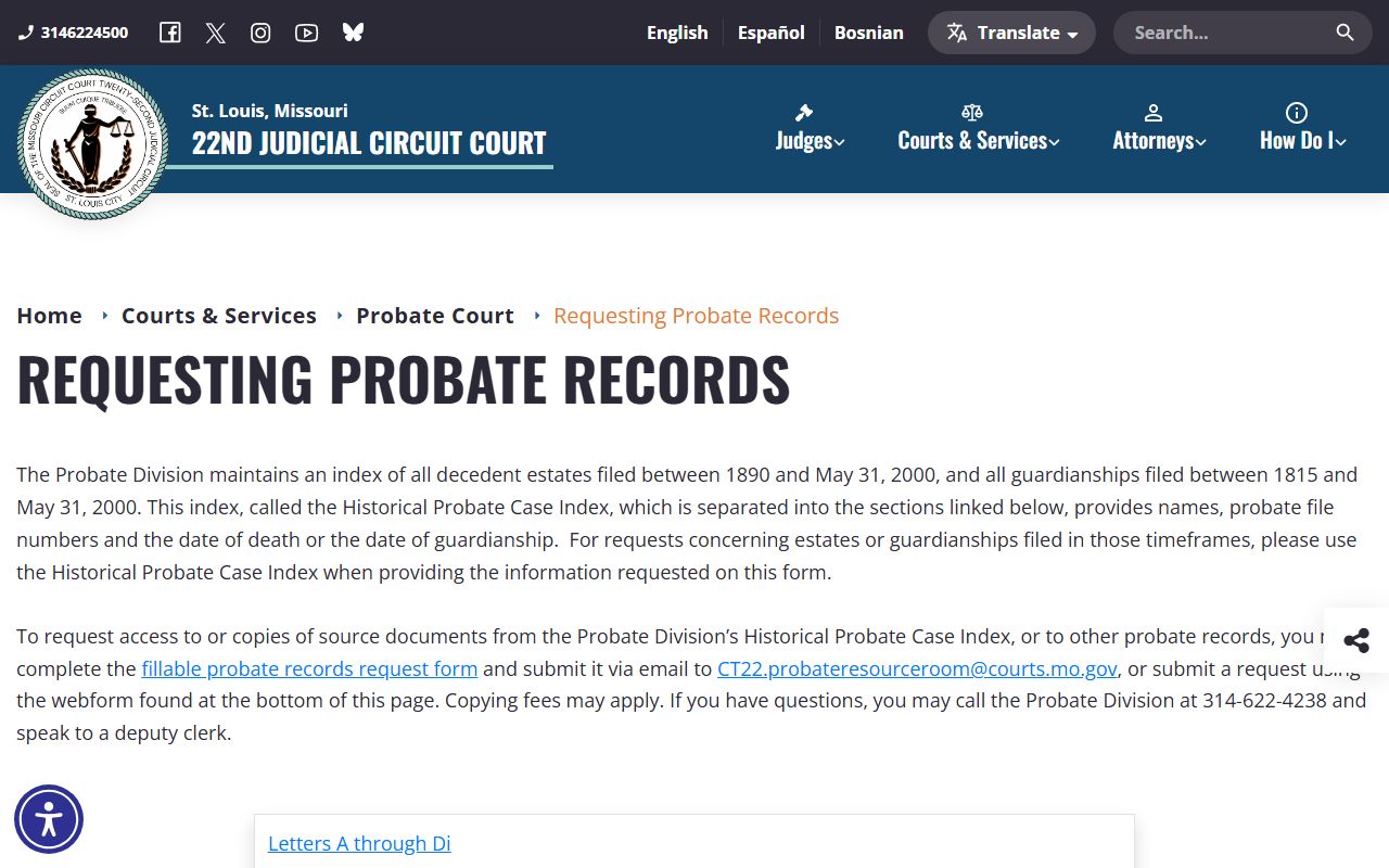 St. Louis City historical probate case index records request page