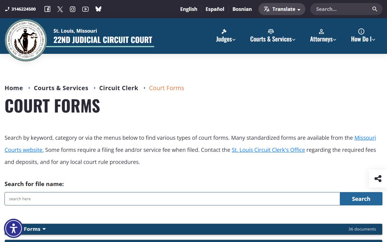 St. Louis City Circuit Clerk court forms library for court records and filings