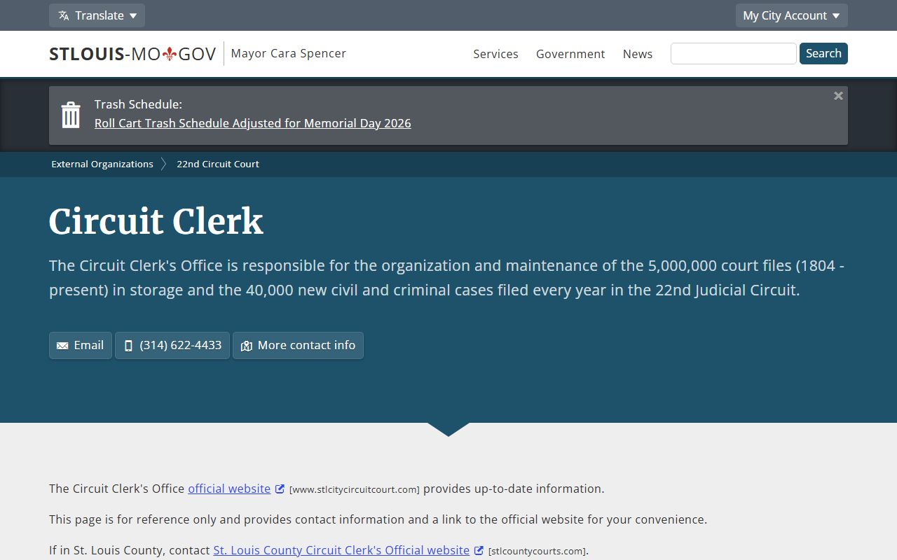 St. Louis City Circuit Clerk office contact page for court records