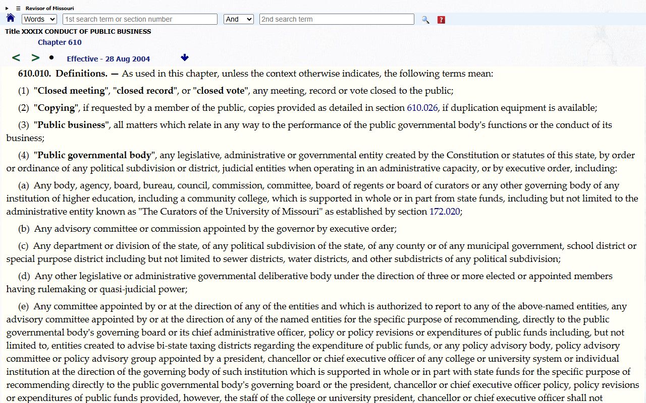 St. Louis City public records Missouri Sunshine Law definitions section
