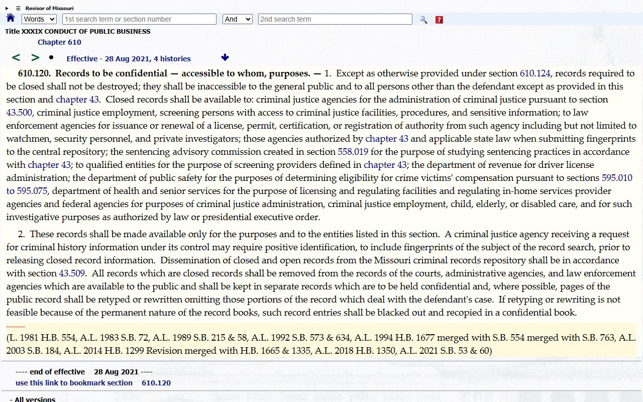 St. Louis City closure of sealed and expunged criminal records under RSMo 610.120