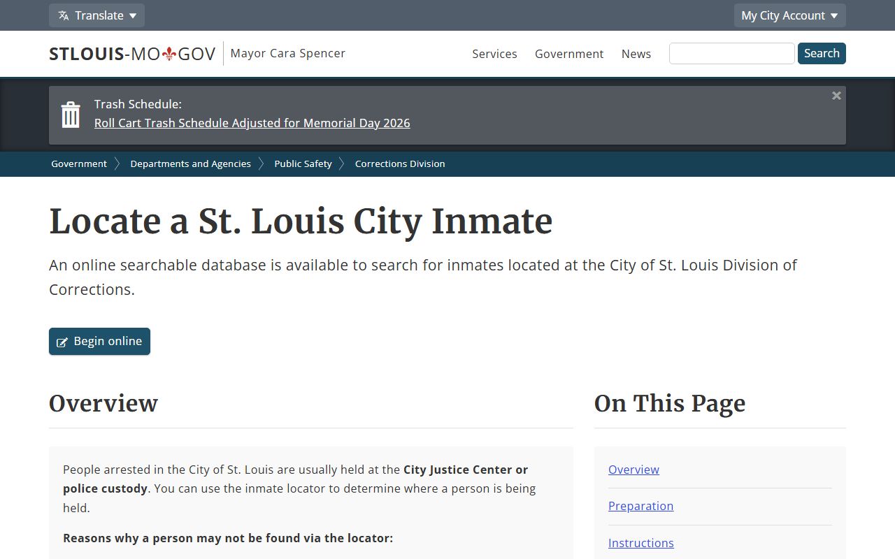 St. Louis City official inmate records locator instructions page