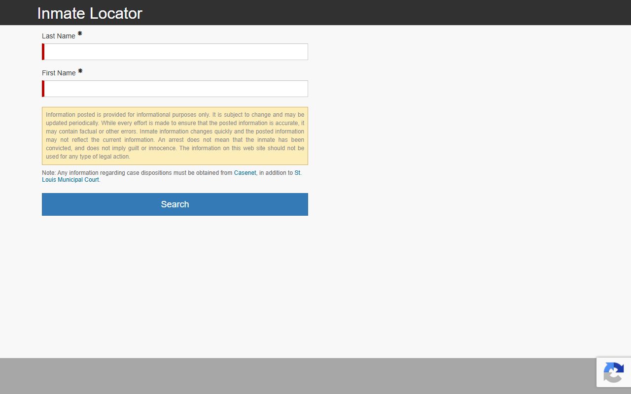 St. Louis City inmate records locator portal search form with active and released tabs