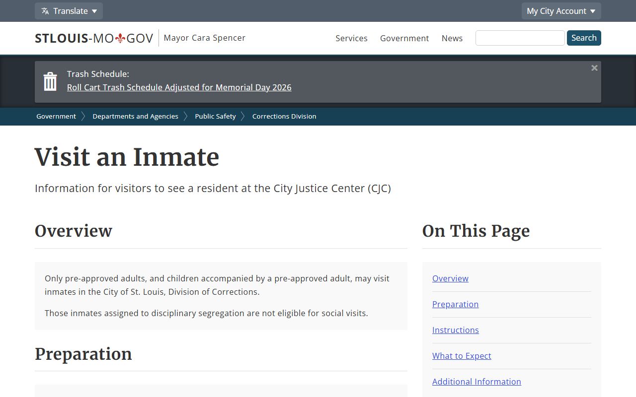 St. Louis City Justice Center inmate visitation rules and schedule page