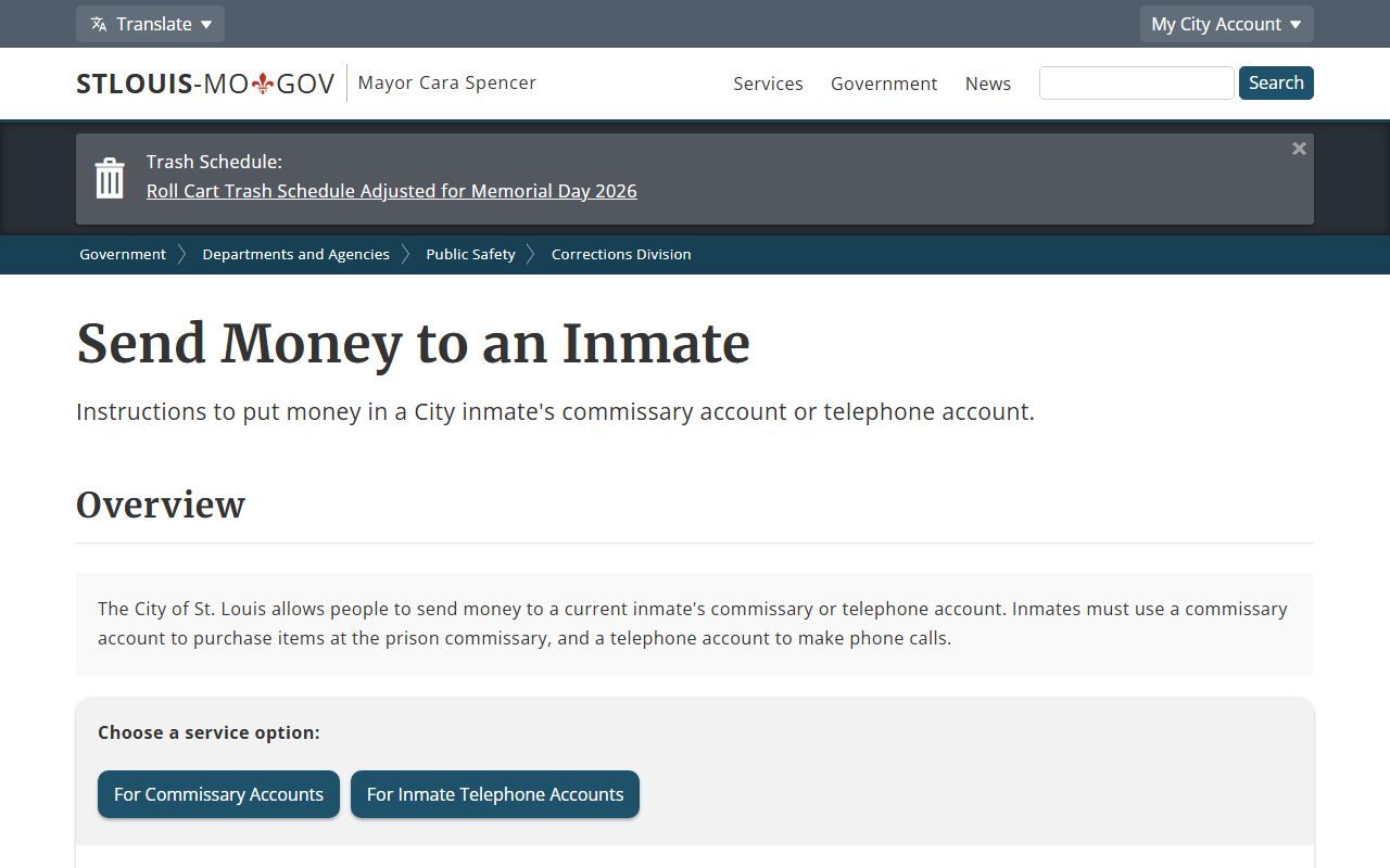 St. Louis City inmate records commissary and telephone deposit instructions