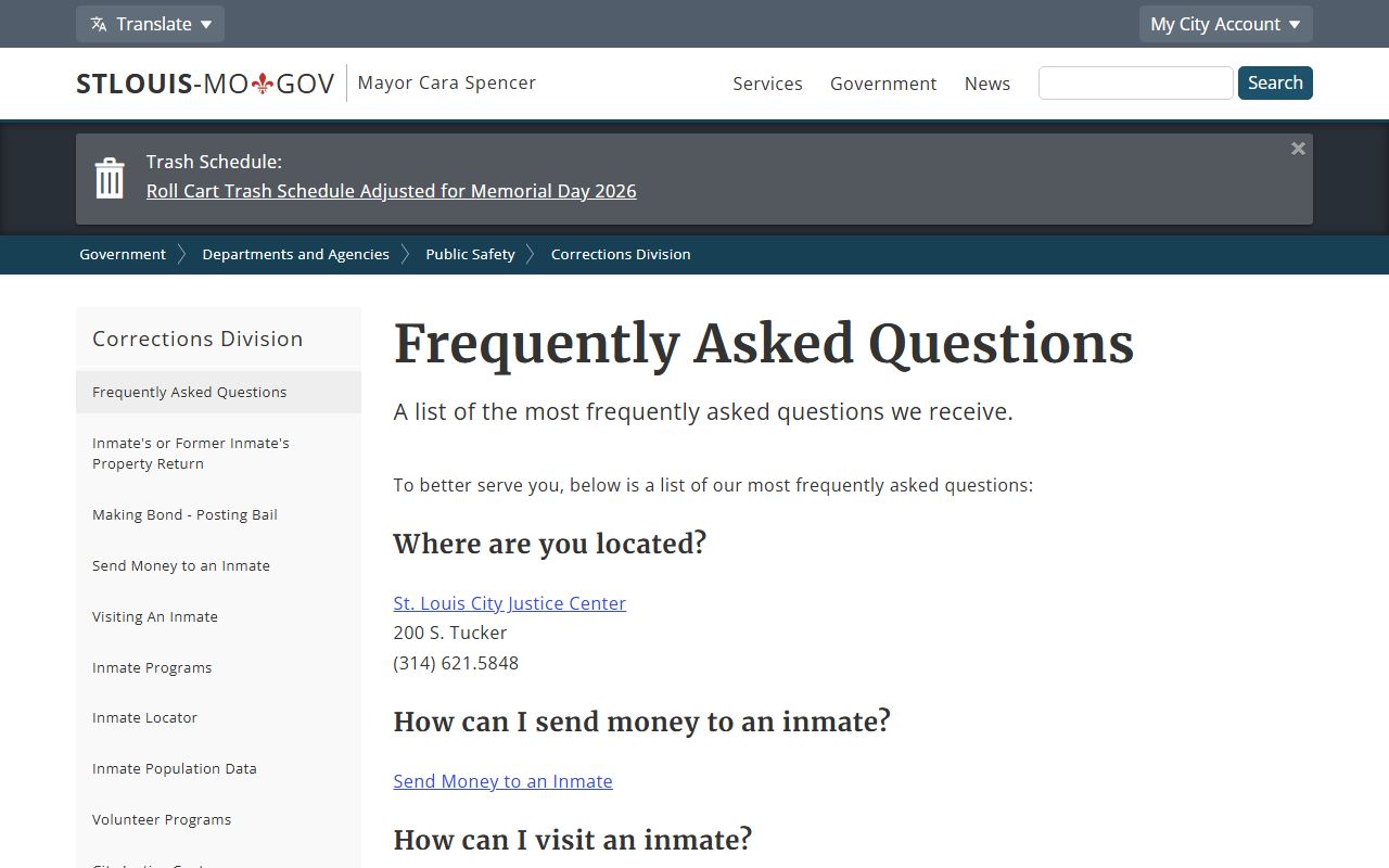 St. Louis City inmate records and Corrections Division FAQ page