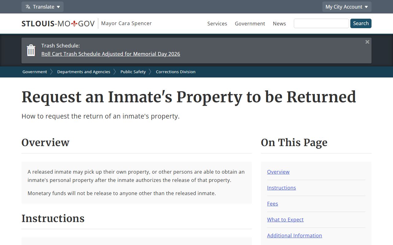 St. Louis City released inmate records property return instructions page