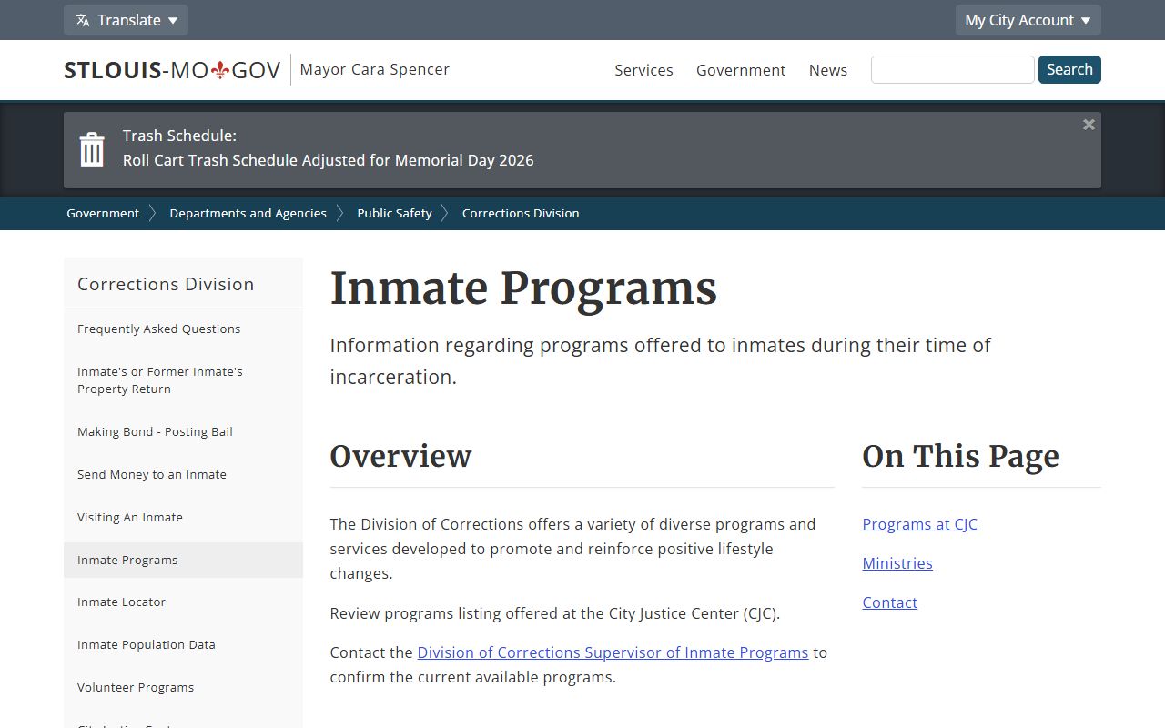 St. Louis City inmate records programs and ministries overview page