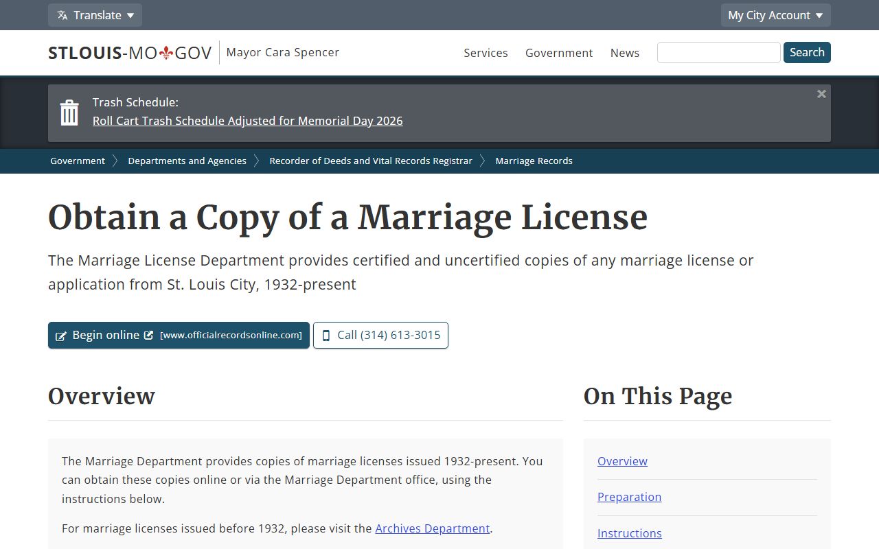 St. Louis City marriage license copy fees and request process for vital records