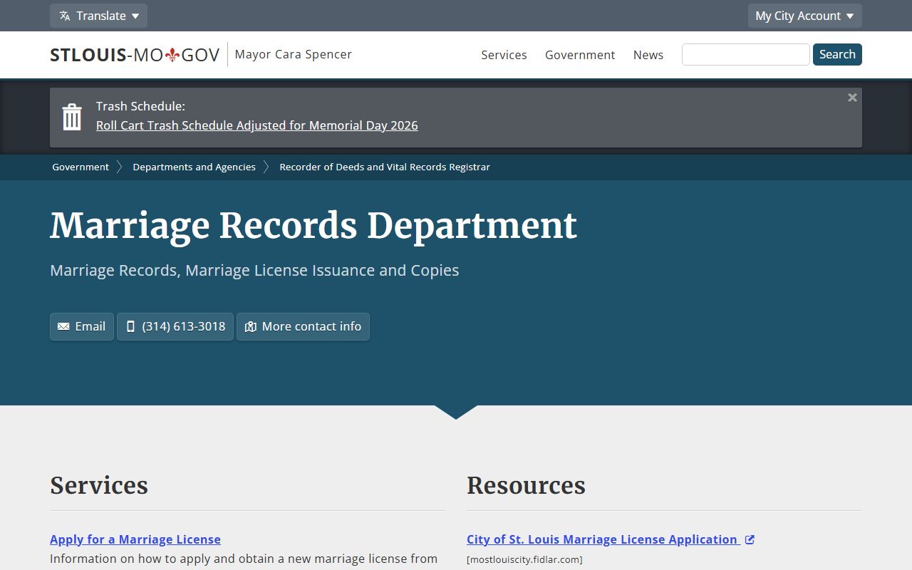 St. Louis City Marriage Records Department overview for vital records