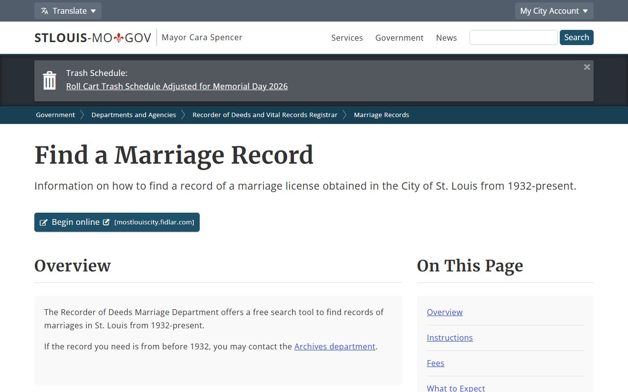St. Louis City marriage records search page for vital records