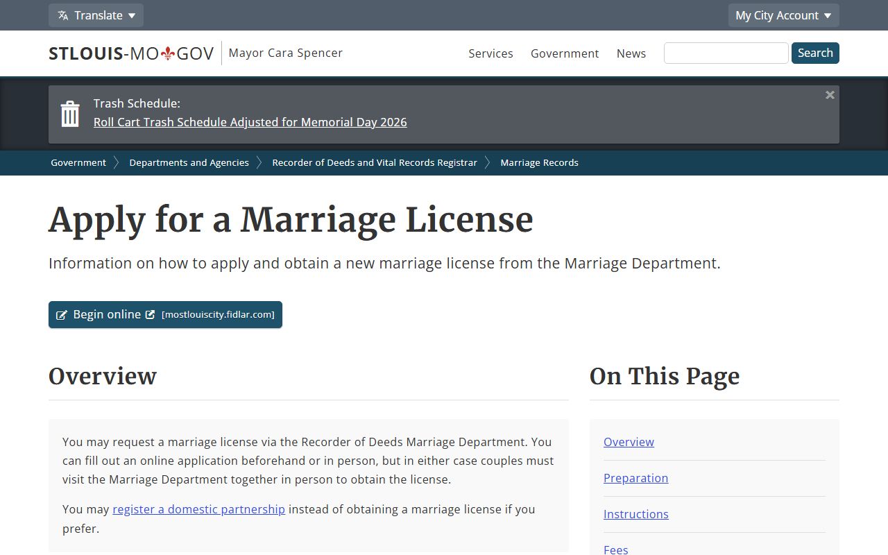 St. Louis City marriage license requirements page for vital records