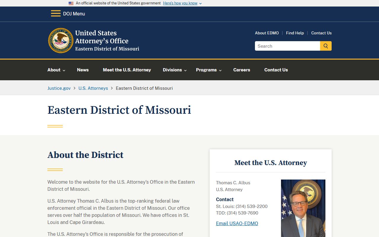 St. Louis City US Attorney Eastern District of Missouri court records distinction